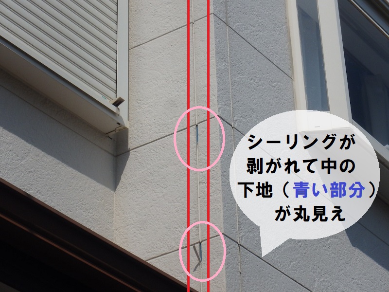 松原市シーリング工事　中の下地が見えている劣化