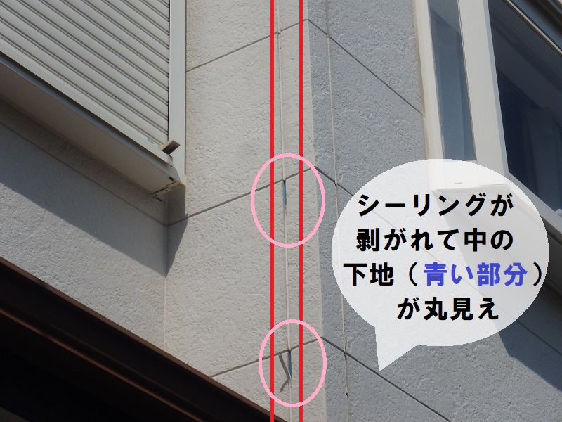 松原市シーリング工事　中の下地が見えている劣化