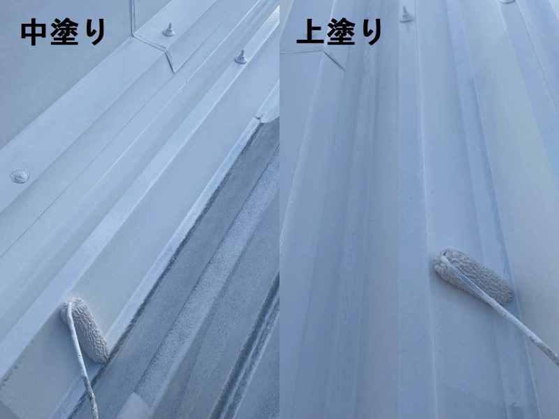 堺市北区折板屋根塗装で防水性アップ　中塗り上塗り