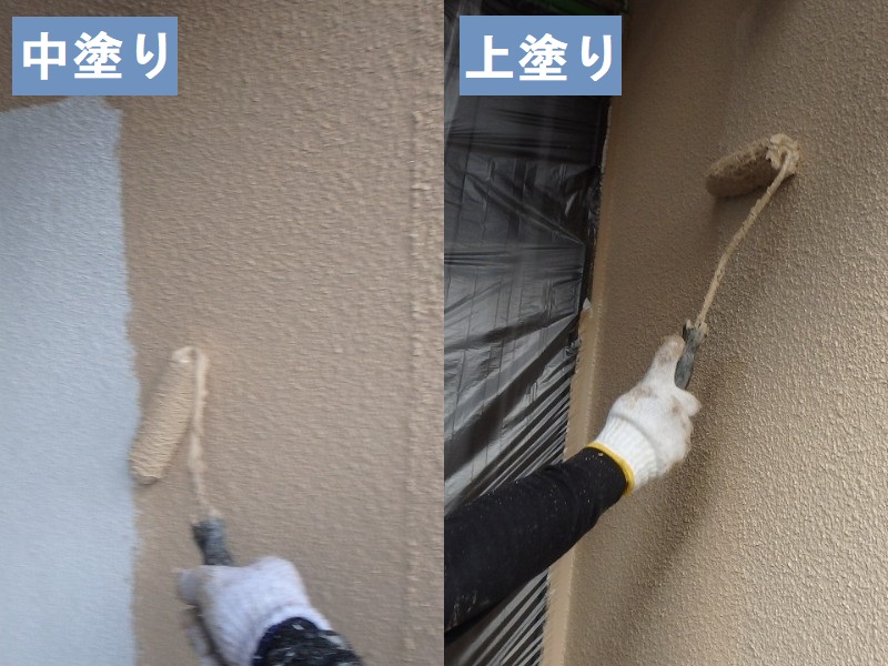河内長野市 断熱塗料ガイナで外壁塗装による防水工事　中塗り上塗り