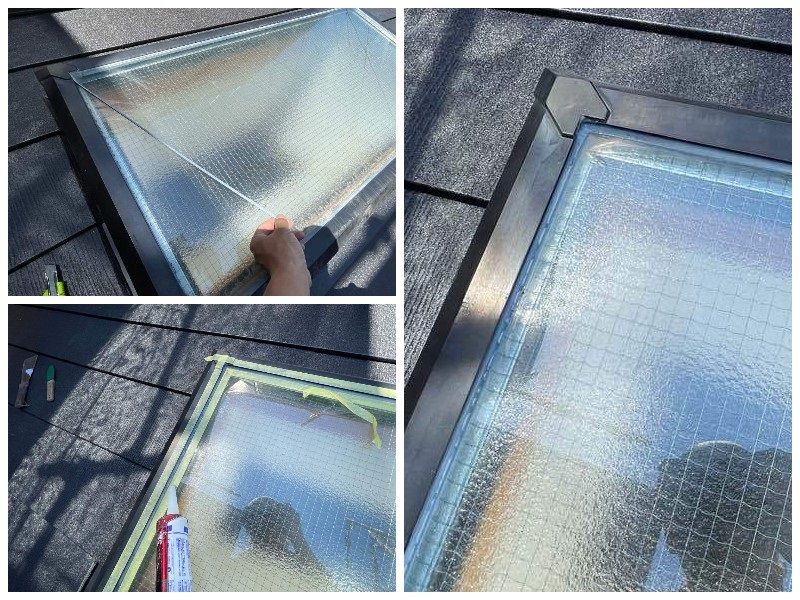 松原市にて天窓のある屋根にカバー工法を実施　天窓の雨仕舞いとコーキング補修