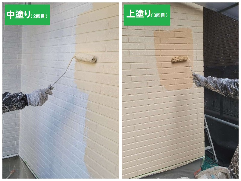 堺市にてサイディング外壁のお宅で外壁工事（総額約108万円）中塗り上塗り