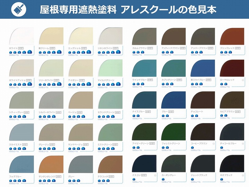 屋根専用遮熱塗料「関西ペイント アレスクール」の色見本