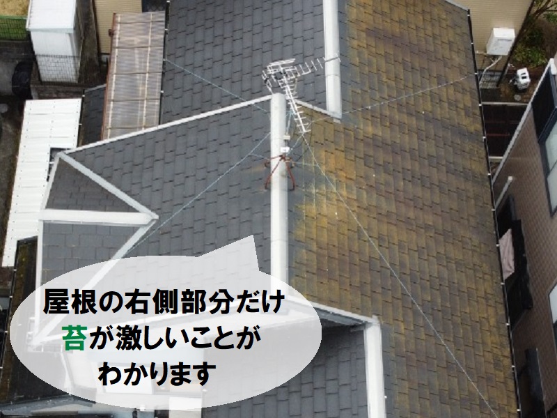 堺市にて屋根塗装を実施！使用した塗料の種類などを公開します 塗装前の点検（苔などの汚れが激しい）