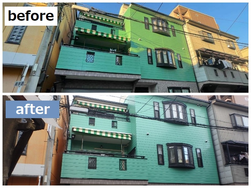 堺市東区にて同じ色で外壁塗装をした事例（色45-60H）ビフォーアフター