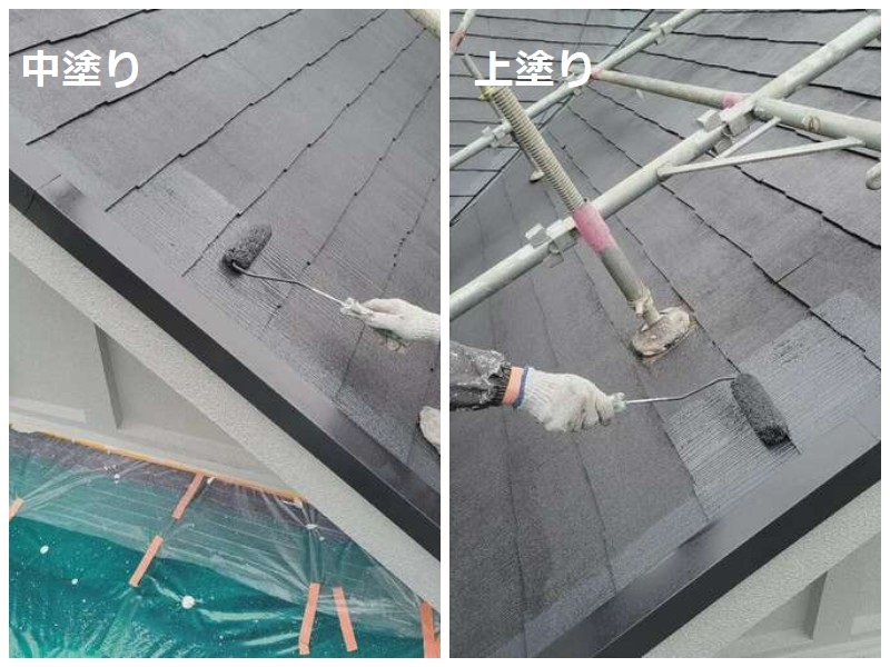 松原市にて屋根塗装と天窓補修を行いました（費用は約15万円）スーパーシリコンルーフペイントでの中塗りと上塗り