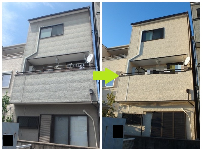 大阪市平野区にて人気塗料アレスアクアセラシリコンONEで外壁塗装　ビフォーアフター