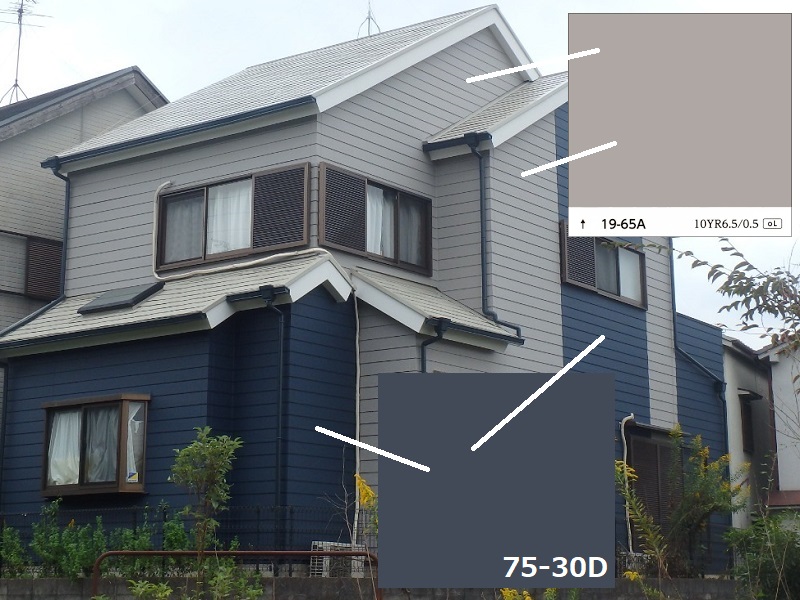 大阪狭山市にて外壁の塗り替えをしました（費用は約92万円）色は75-30Dと19-65Aのツートン外壁