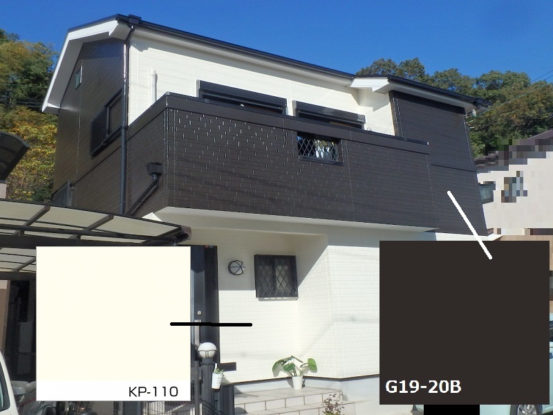 和泉市にて外壁塗装でツートンに変身した事例 費用は約90万円 KP-110とG19-20B色を使用