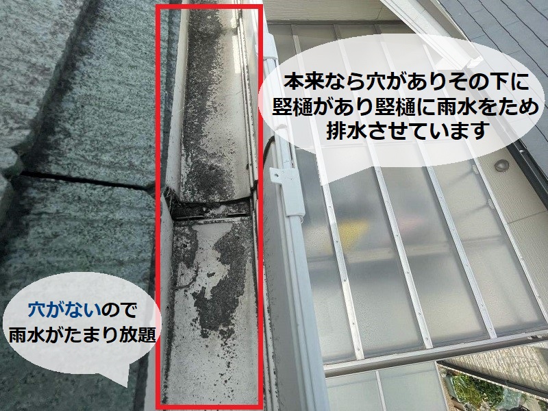 藤井寺市にて施工不良の雨樋を修理し雨水の流れを改善させました 穴がないのでオーバーフロー