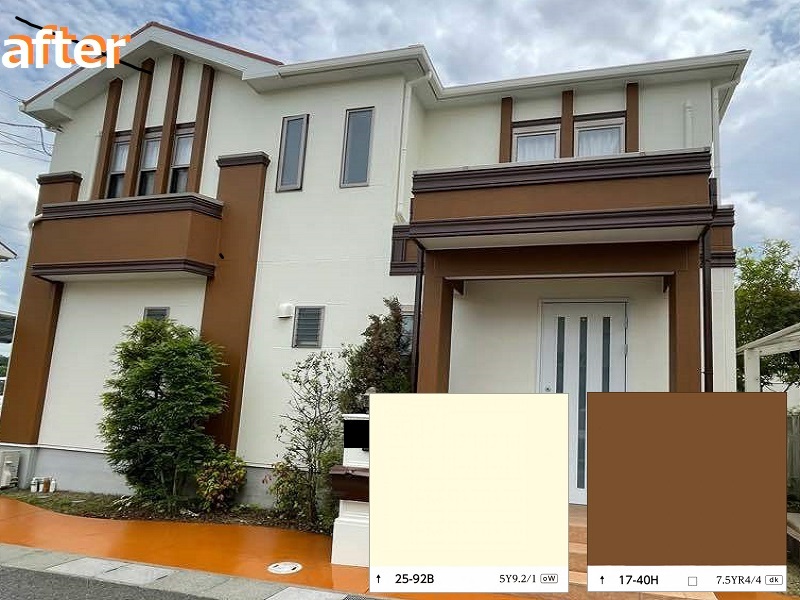 和泉市にて外壁塗り替えとコーキング交換をさせて頂きました 使用色はベース25-92B,アクセント17-40H