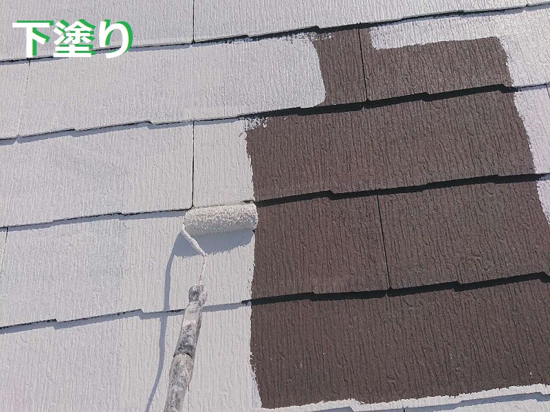 和泉市にて遮熱塗料アレスクールで屋根の塗り替えを実施されました アレスダイナミックフィラーで下塗り