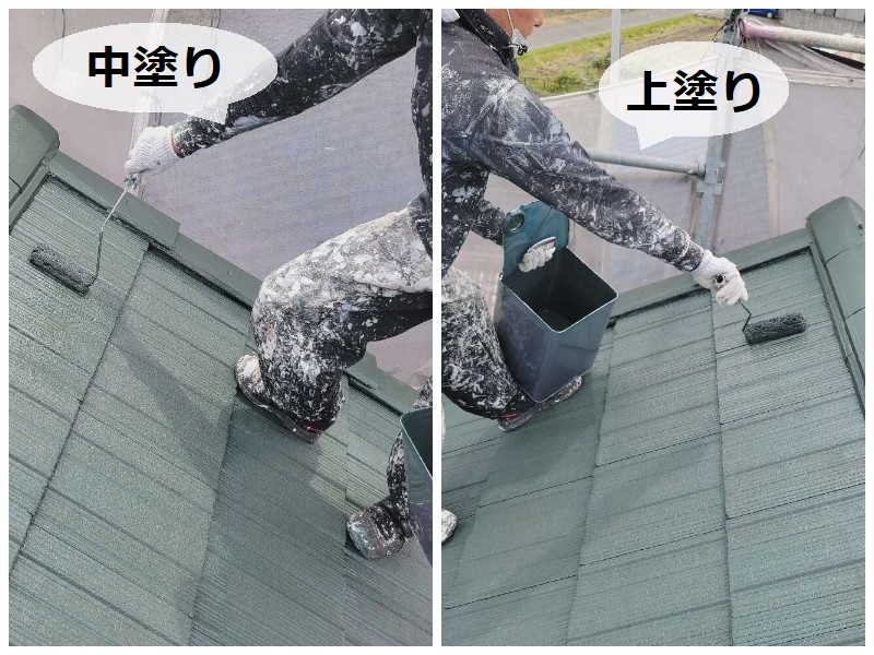 河内長野市にてセメント瓦を屋根塗装で防水性向上！費用は約21万円ハイルーフマイルドシリコン遮熱型で屋根塗装 中塗りと上塗り