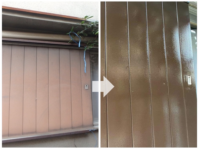 松原市にて外壁補修でひび割れやモルタルの剥がれを綺麗にしました 雨戸塗装のビフォーアフター