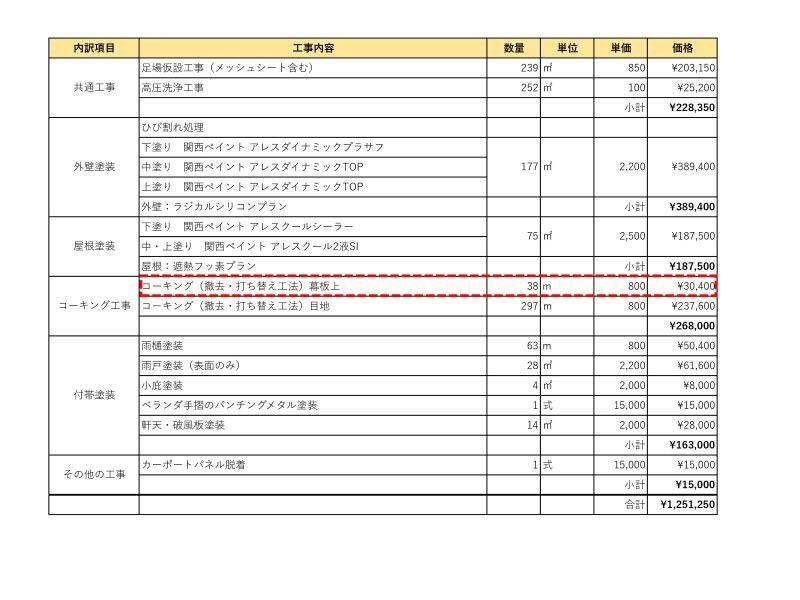 幕板コーキング補修見積書（撤去・打ち替え工法）