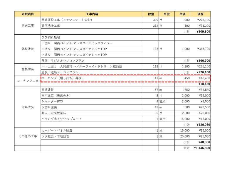 幕板コーキング補修見積書（増し打ち工法）