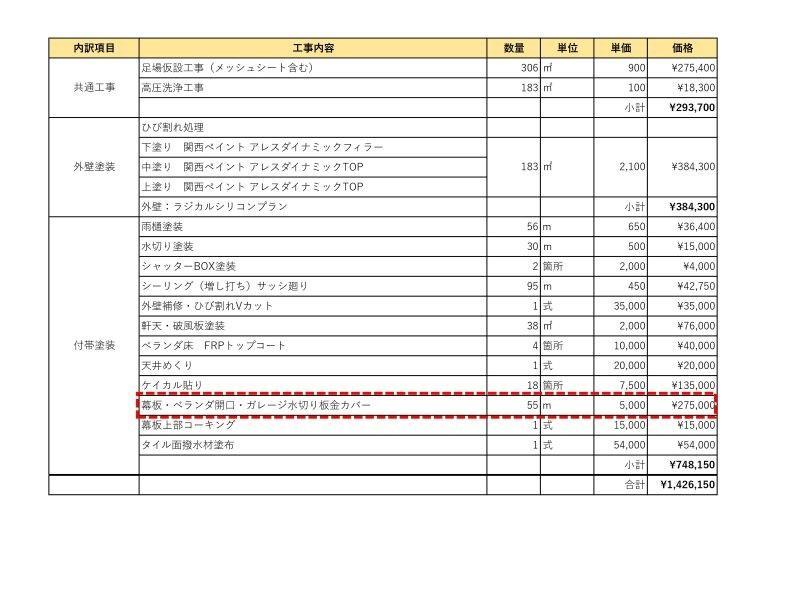 幕板板金カバー工事の見積書