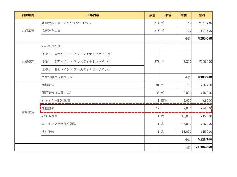 ベランダ手摺塗装が1ｍあたり￥2,000の見積書