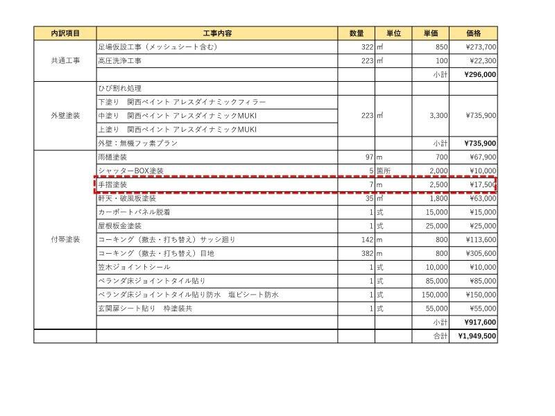 ベランダ手摺塗装が1ｍあたり￥2,500の見積書