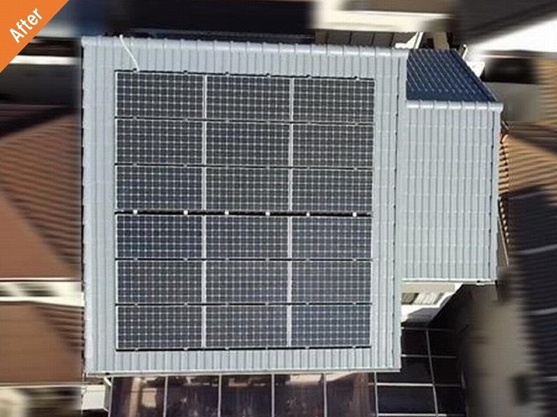 屋根塗装後の太陽光パネルが搭載されたモニエル瓦