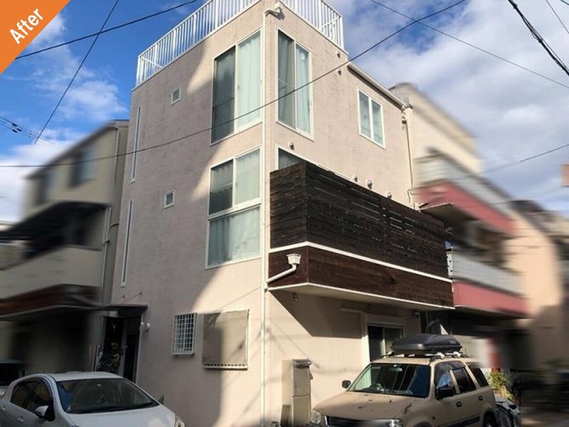 大阪市旭区の外壁塗装後のジョリパッド仕上げの戸建て