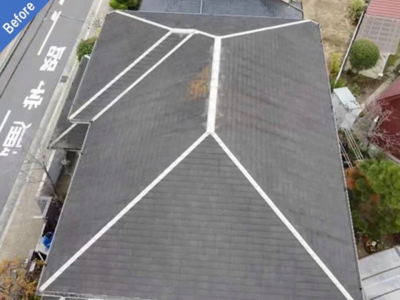 藤井寺市の屋根塗装前のサンヨーホームズのカラーベストの屋根