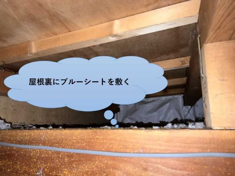 屋根裏にブルーシートを敷く