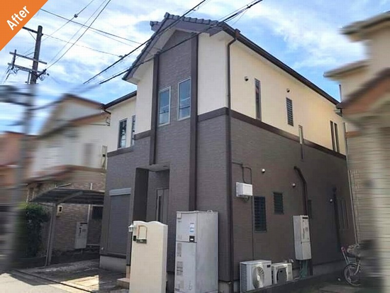 ツートンカラーで外壁塗り替え後の戸建て