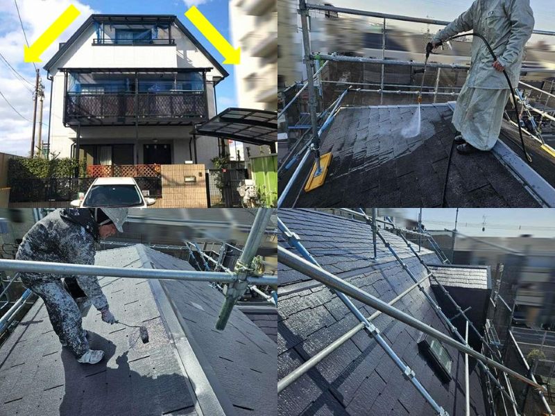 屋根足場を設置して施工した屋根塗装（大阪府住吉区）