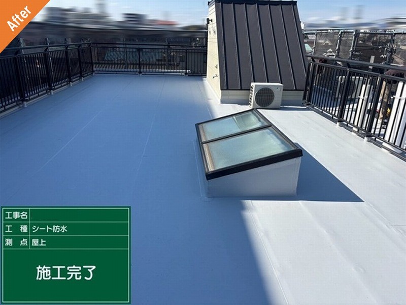 塩ビシート張り替え後の旭化成ヘーベルハウスの屋上とトップライト