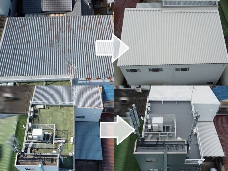 工場屋根に屋根塗装によるメンテナンス 施工事例のビフォーアフター