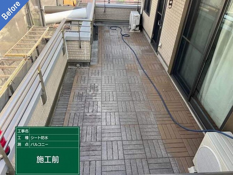 南河内郡千早赤阪村の塩ビシート防水工事前の積水ハウスのベランダ