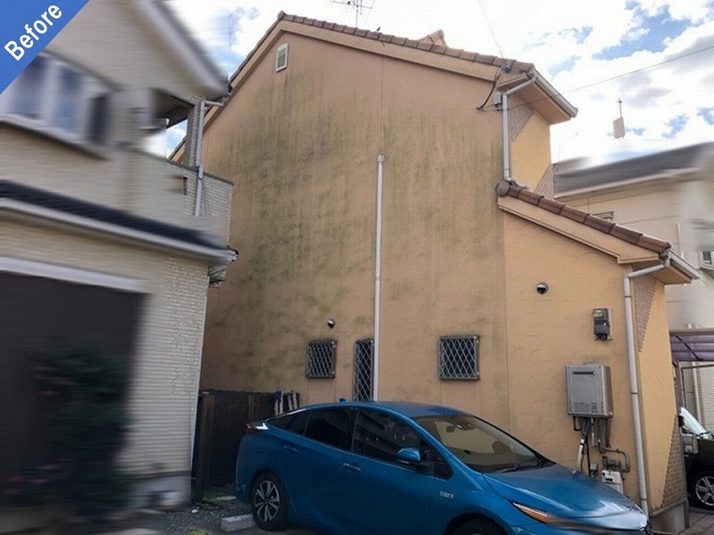 外壁塗装前の苔が繁殖したモルタル外壁