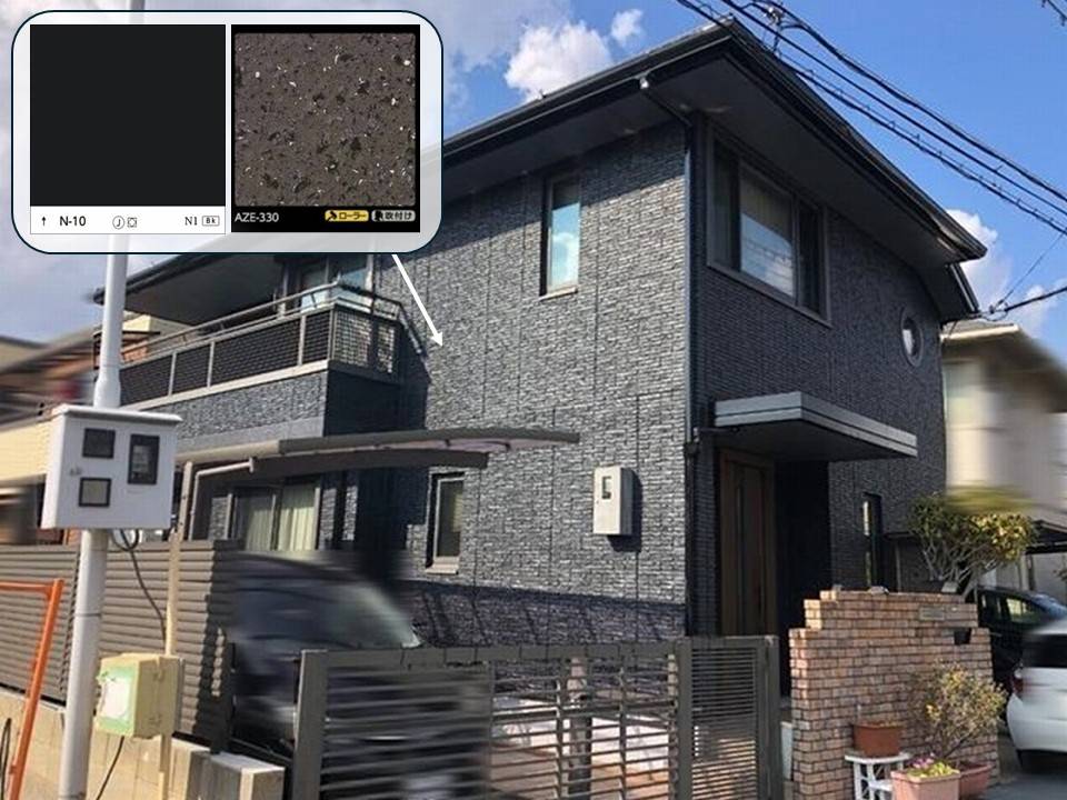 黒のベースカラーに上から多彩模様塗料で仕上げた施工事例の色
