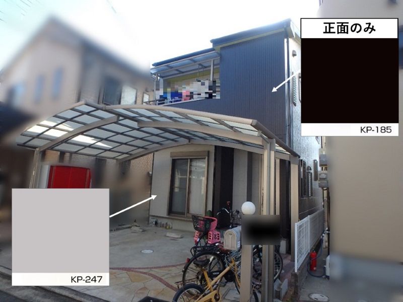 グレーベースに2階正面を黒のアクセントカラーで仕上げた施工事例の色