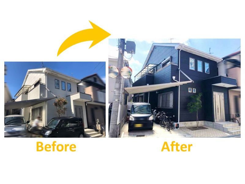 黒い外壁に白い付帯部でモダンに仕上げた施工事例（ビフォーアフター）
