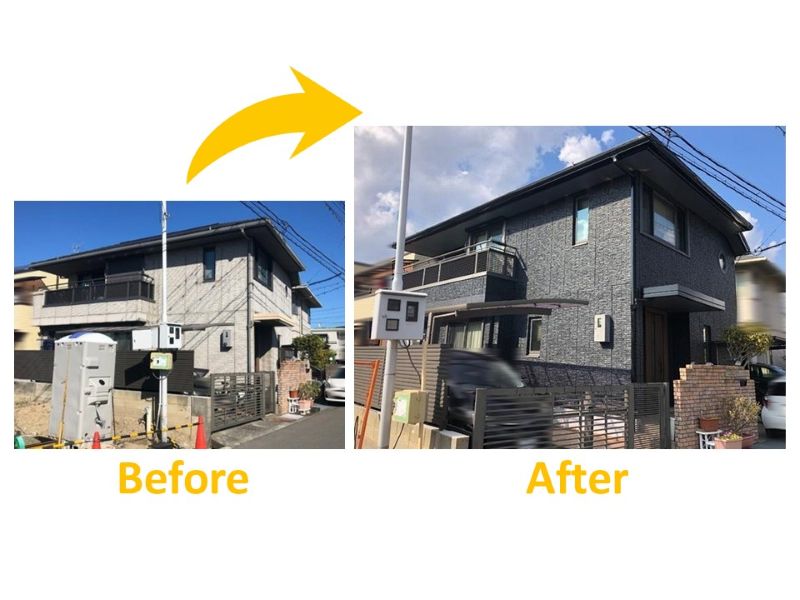 黒のベースカラーに上から多彩模様塗料で仕上げた施工事例（ビフォーアフター）