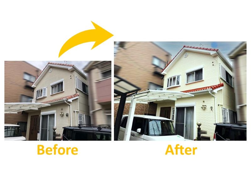 ALCにセラミック塗料を吹き付けた住宅の施工事例（ビフォーアフター）