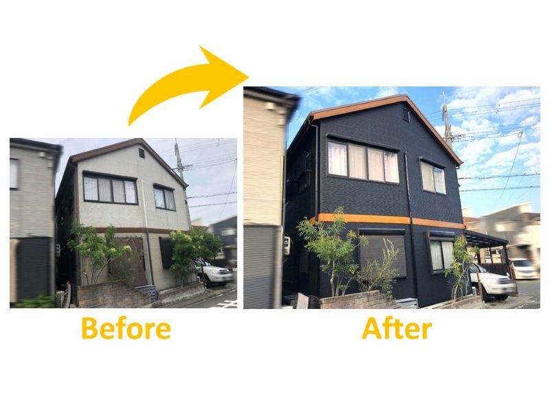 黒い外壁にブラウンの付帯部で和モダンに仕上げた施工事例（ビフォーアフター）