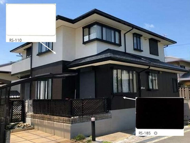 1階を濃度の濃い黒×2階をはっきりとした白で仕上げた施工事例の色
