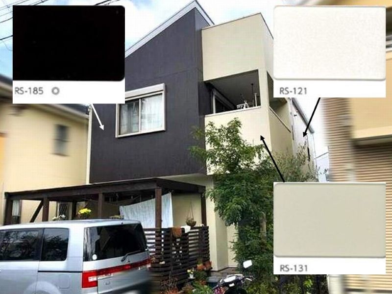 ベージュベースに2階一部を黒のアクセントカラーで仕上げた施工事例の色