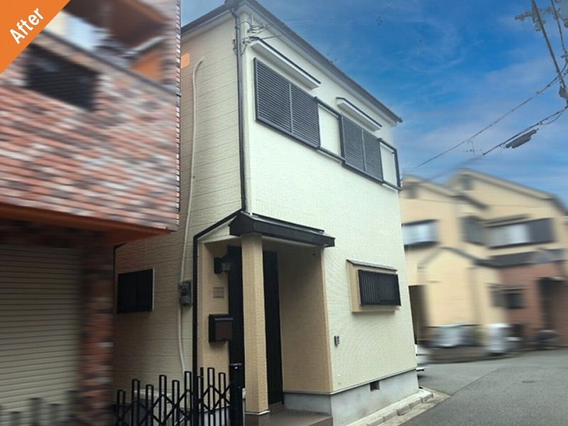 外壁塗装後の多彩模様仕上げのツートンカラーの住宅