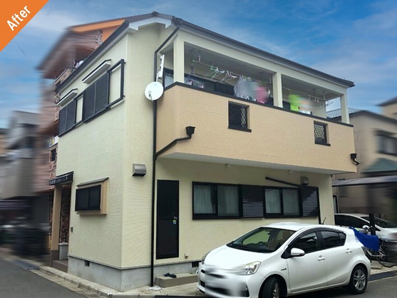 松原市の外壁塗装後の多彩模様仕上げのツートンカラーの住宅