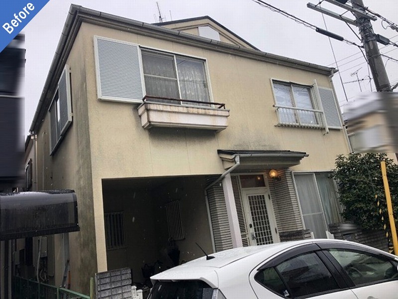 松原市の外壁塗装前のモルタル外壁（スタッコ仕上げ）の住宅