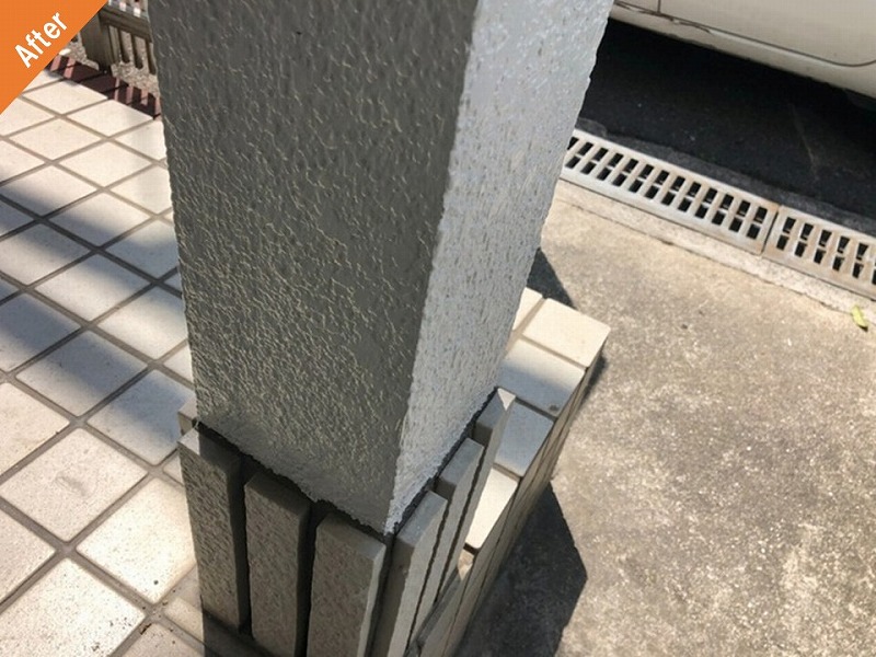 ひび割れが改善されたモルタル外壁の柱