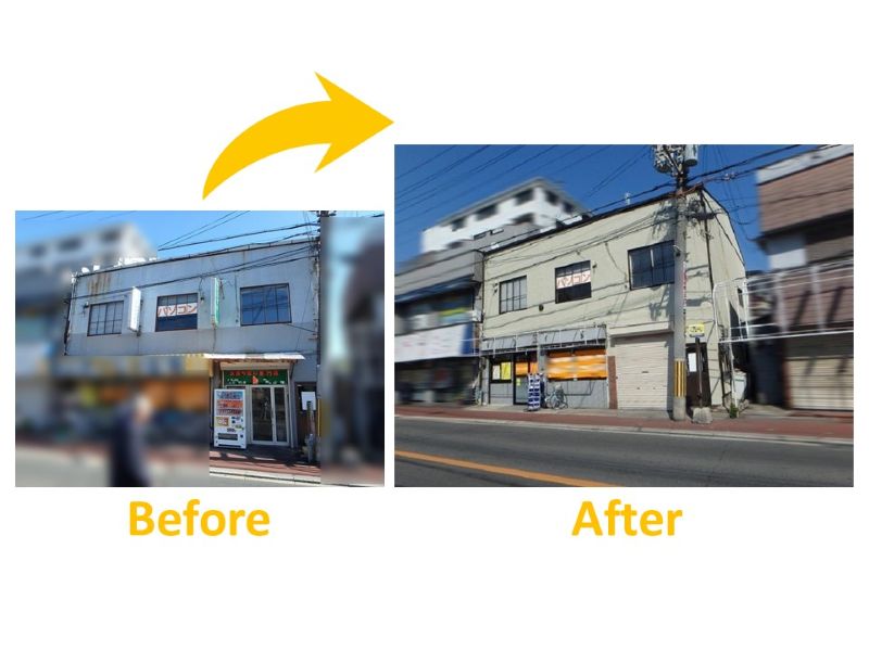 外壁片面をトタンで上張りしたビルの外壁塗装の施工事例(ビフォーアフター)