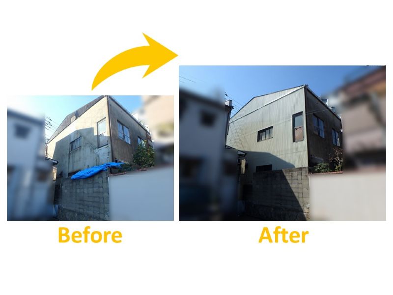 外壁片面をトタンで上張りした施工事例(施工費約130万円)(ビフォーアフター)
