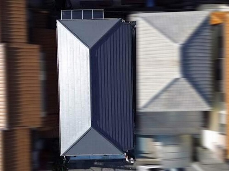 屋根カバー工法後のドローンで撮影した屋根全景
