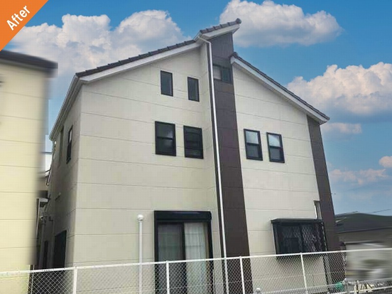 無機フッ素塗料にて外壁塗装後のALC（リシン仕上げ）の戸建て住宅