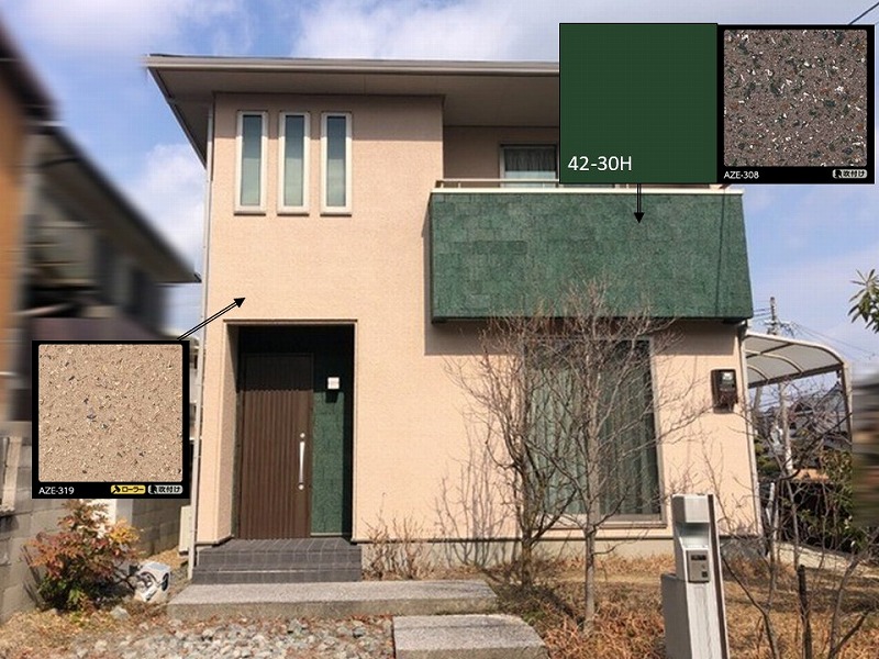 シーサンドコート仕上げの外壁へ多彩模様塗料を使用した塗装完工後の全景